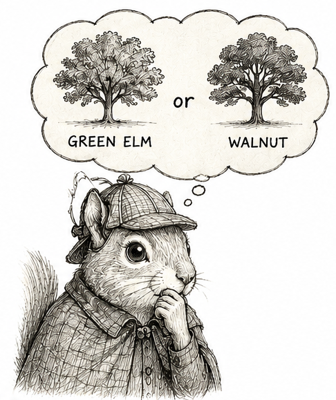 A squirrel dressed as Sherlock Holmes thoughtfully comparing a green elm tree and a walnut tree.