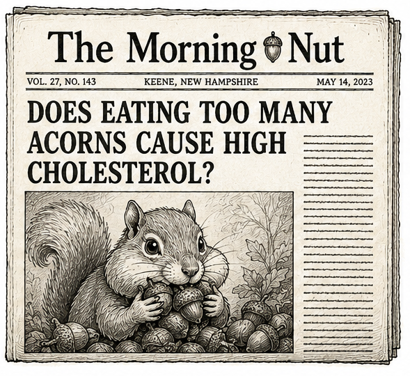 A fictional newspaper called The Morning Nut from Keene, New Hampshire, with the headline 'Does Eating Too Many Acorns Cause High Cholesterol?' and a photograph of a squirrel eating acorns.