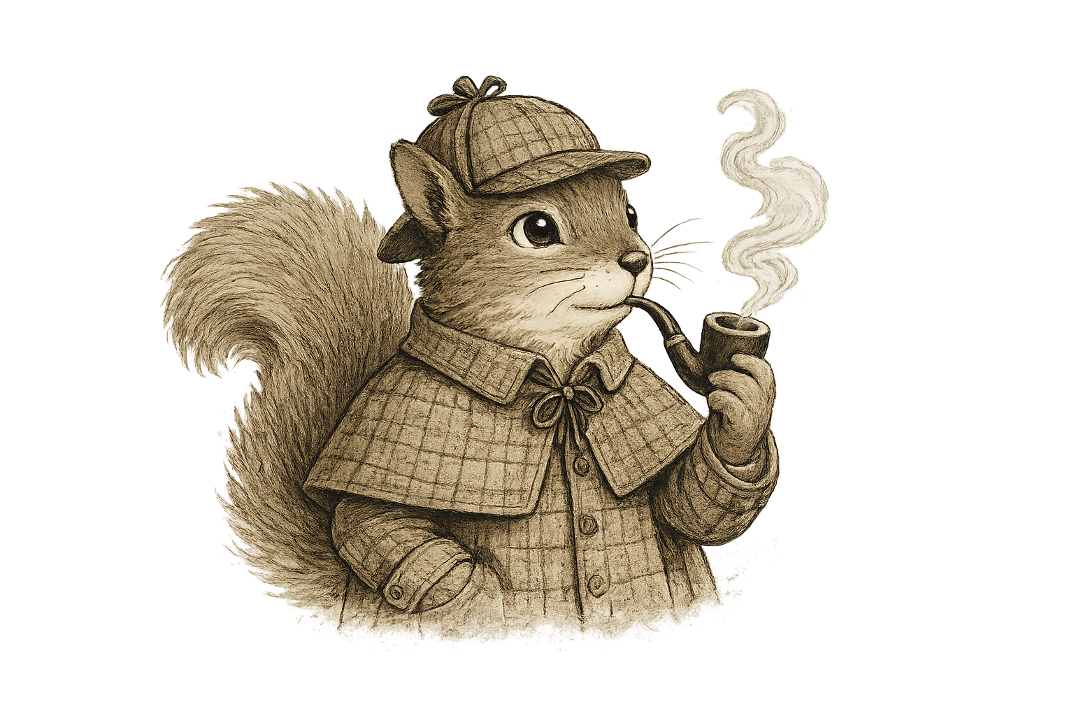 A squirrel dressed as Sherlock Holmes while thoughtfully smoking a curved pipe.
