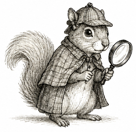 A squirrel dressed as Sherlock Holmes wearing a deerstalker cap and cape while holding a magnifying glass.