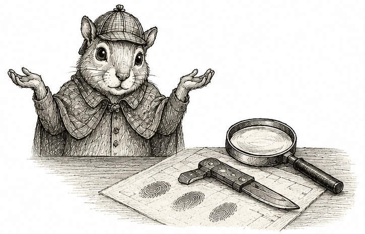 A squirrel dressed as Sherlock Holmes shrugging while examining fingerprints on a knife beside a magnifying glass.