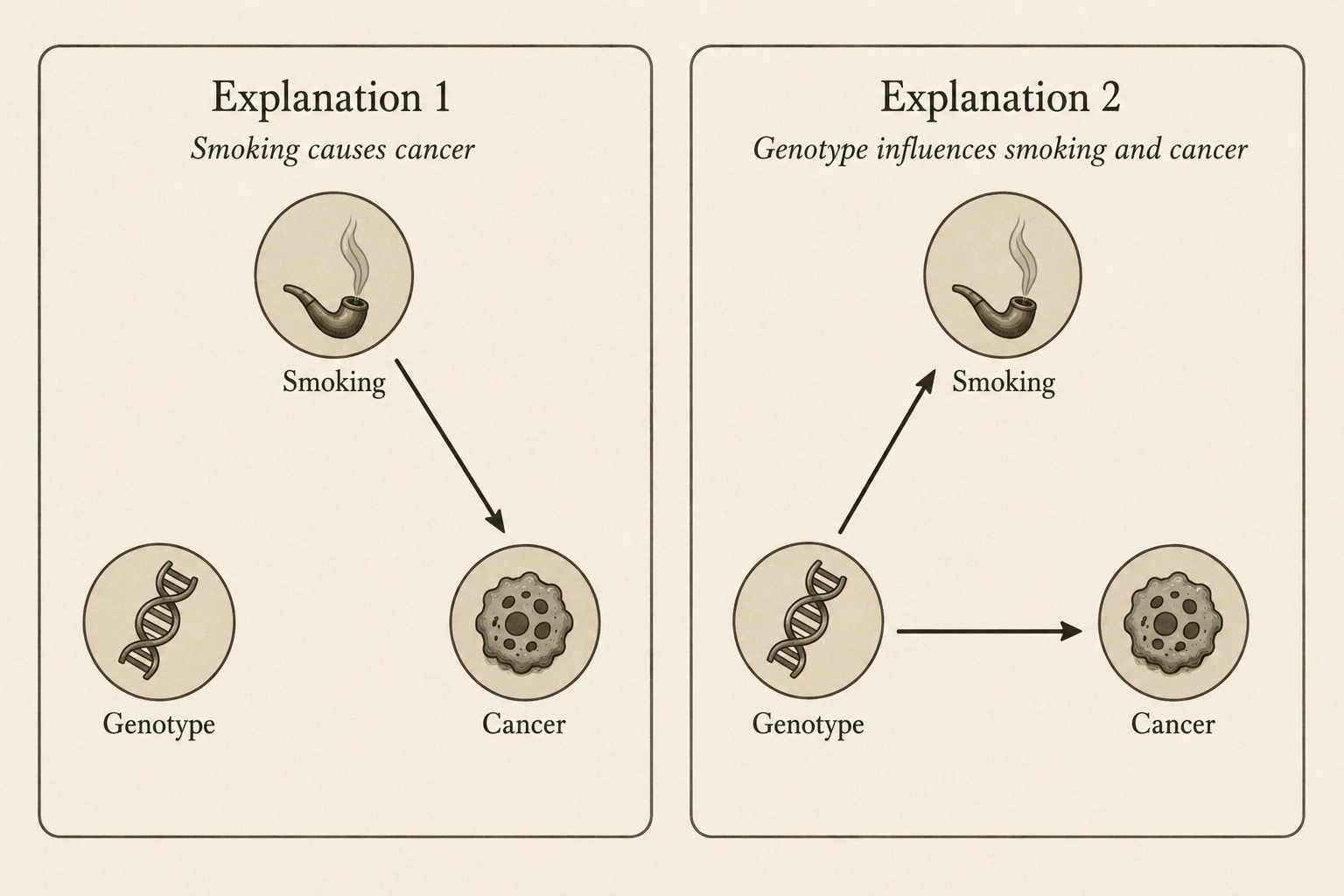 Two side-by-side causal diagrams. In both diagrams, Smoking is at the top, Genotype at the lower left, and Cancer at the lower right. In Explanation 1, there is a single arrow from Smoking to Cancer. In Explanation 2, there are arrows from Genotype to Smoking and from Genotype to Cancer.