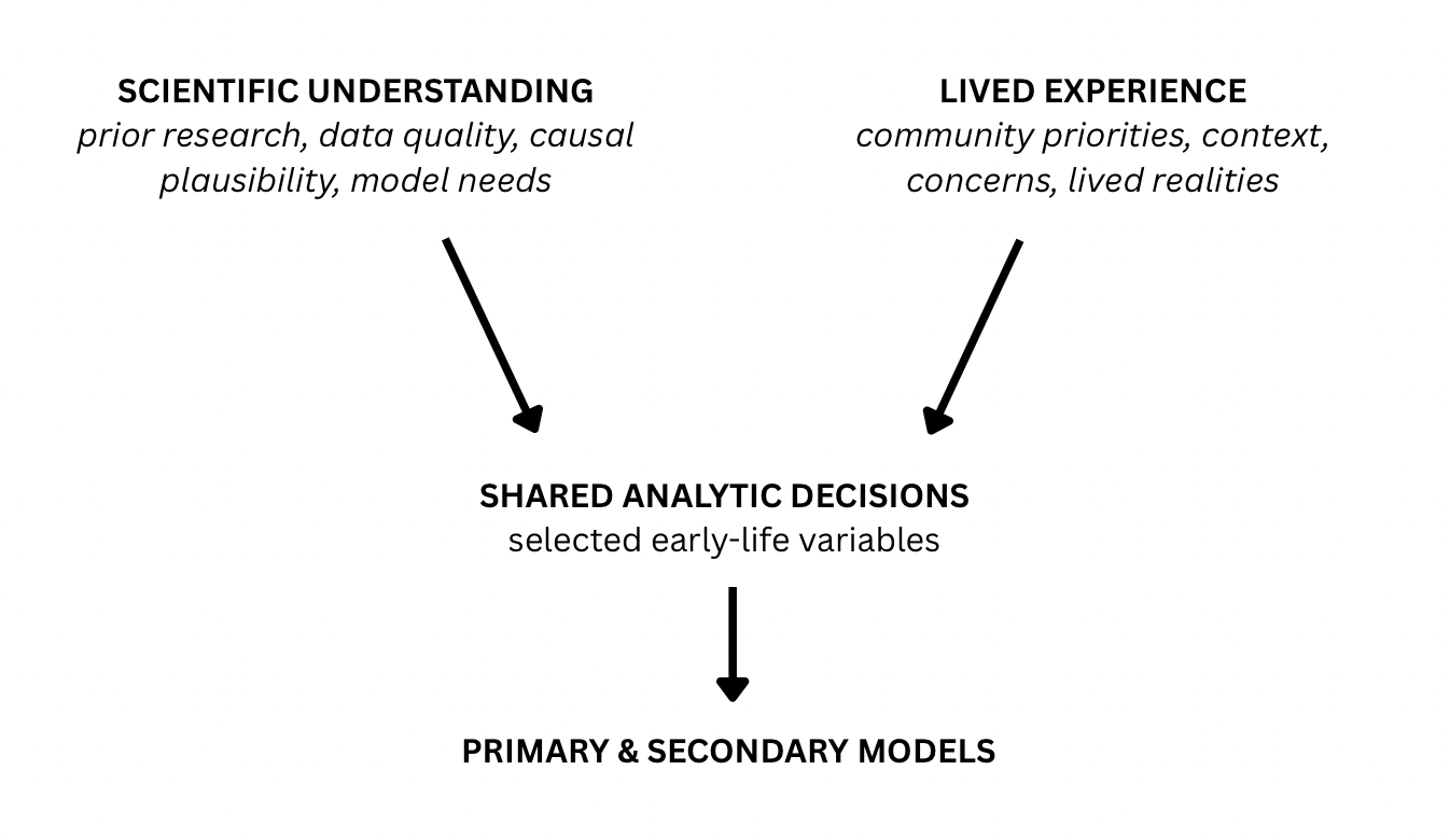 Flow diagram showing scientific understanding and lived experience coming together to guide shared analytic decisions. Scientific understanding includes prior research, data quality, causal plausibility, and model needs. Lived experience includes community priorities, context, concerns, and lived realities. Together, these perspectives inform the selection of early-life variables for the primary and secondary analytic models.
